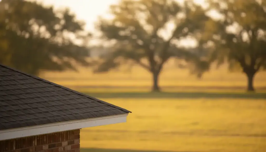 The shingle eave of a brick ranch house at golden hour, pasture and pecan trees beyond