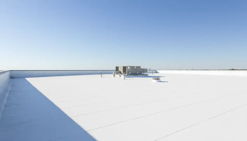 A white low-slope membrane roof with a parapet and rooftop unit on a single-storey commercial building