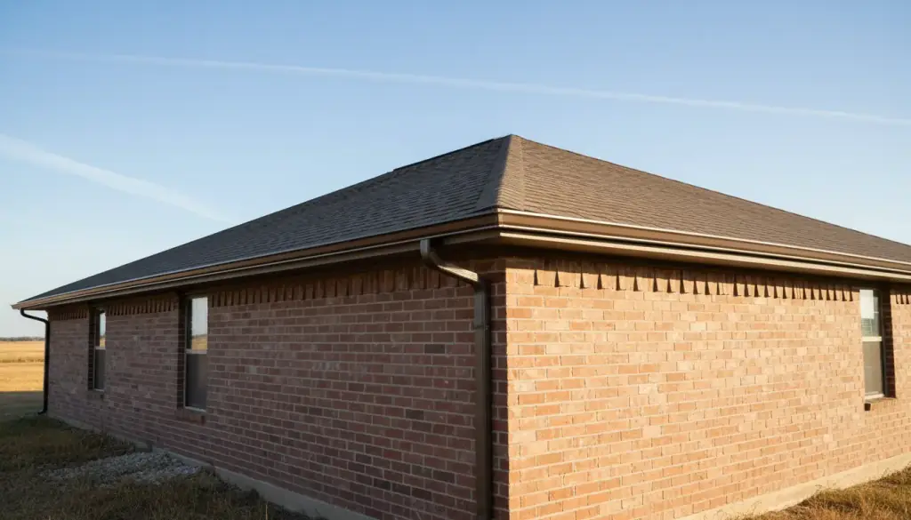 A new seamless bronze aluminum gutter and downspout on a brick ranch house